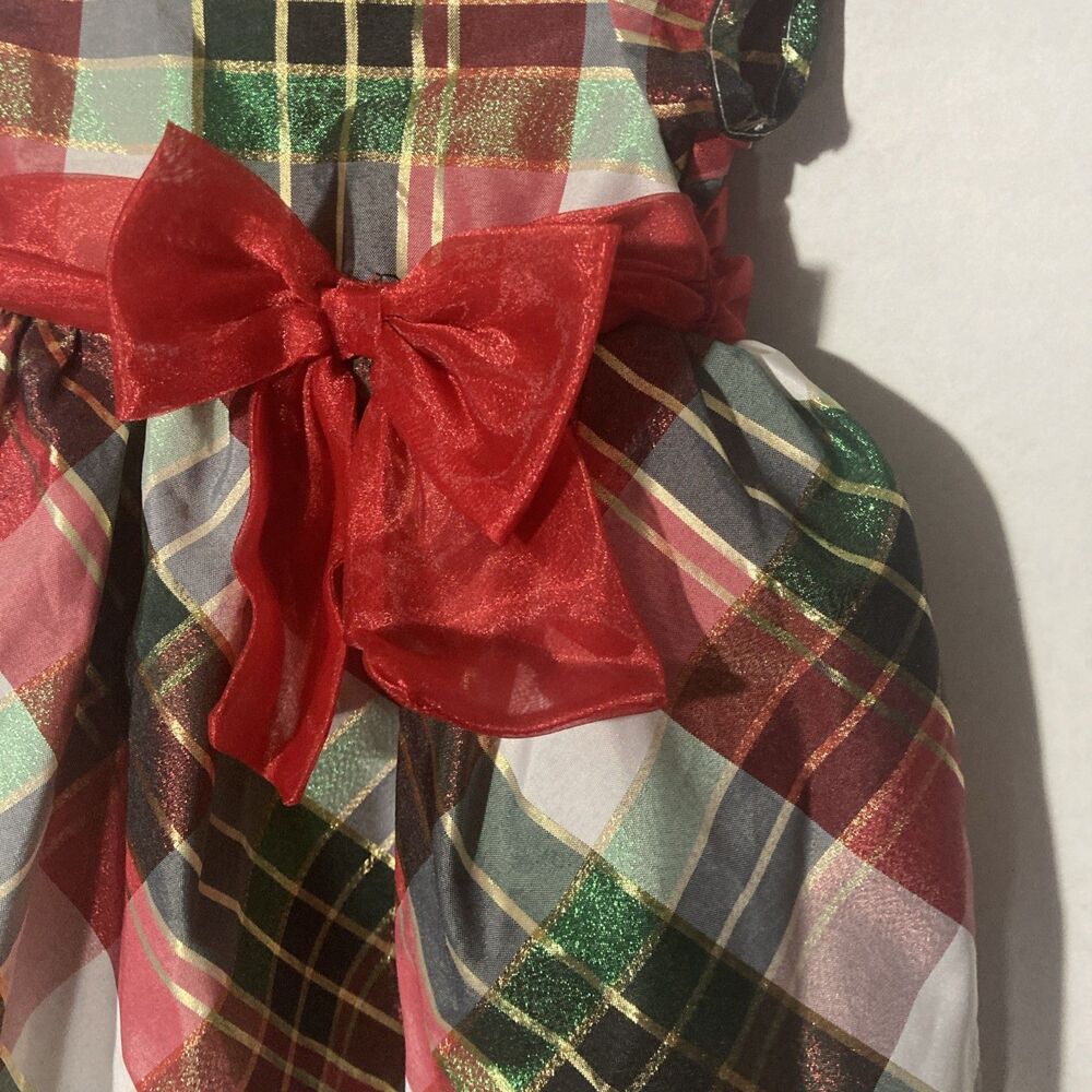 BONNIE BABY red gold multicolor plaid v-neck short sleeve holiday dress 24M - Picture 3 of 9